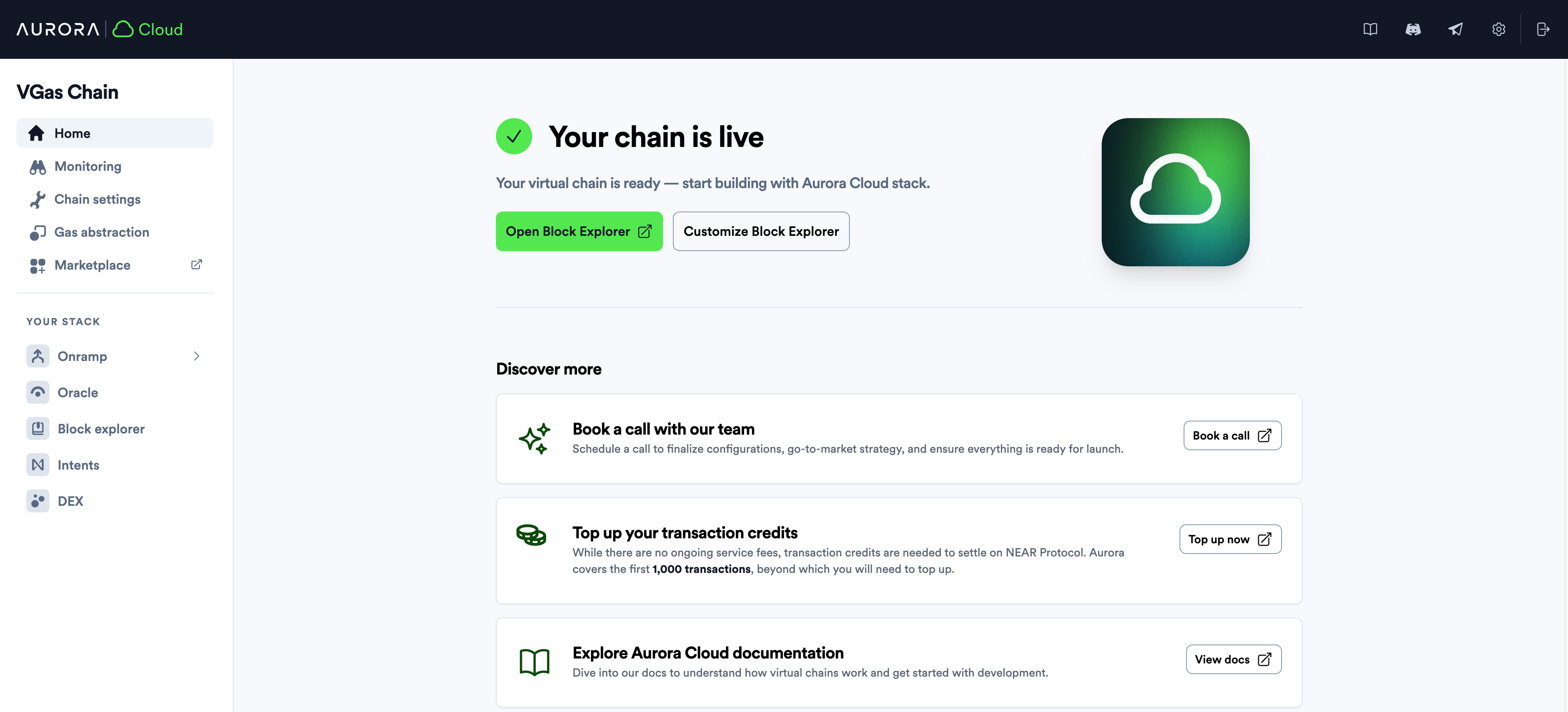 chain live status screen in aurora cloud
