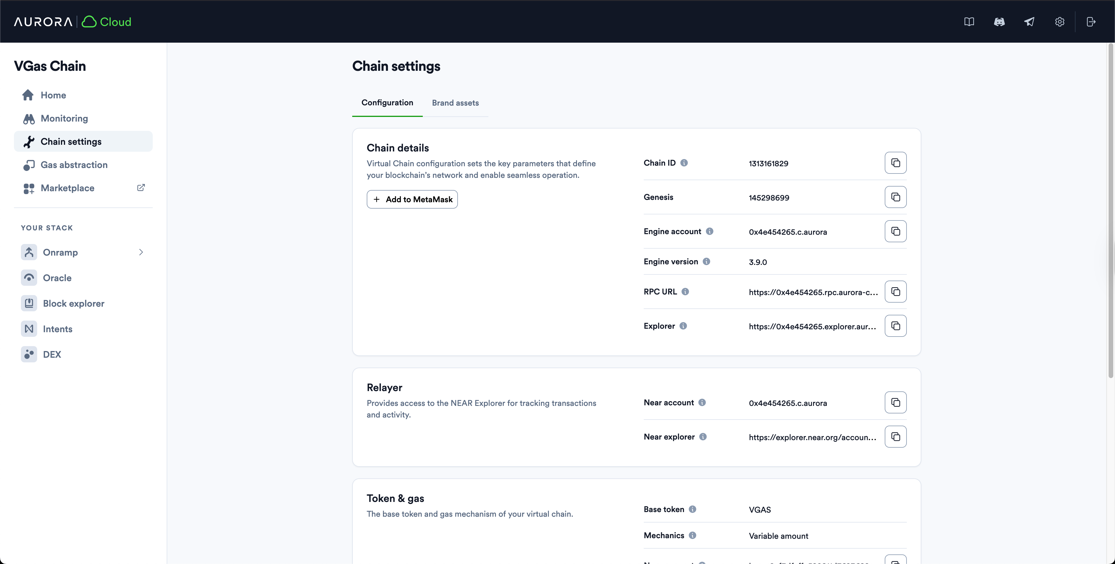 chain settings tab in aurora cloud