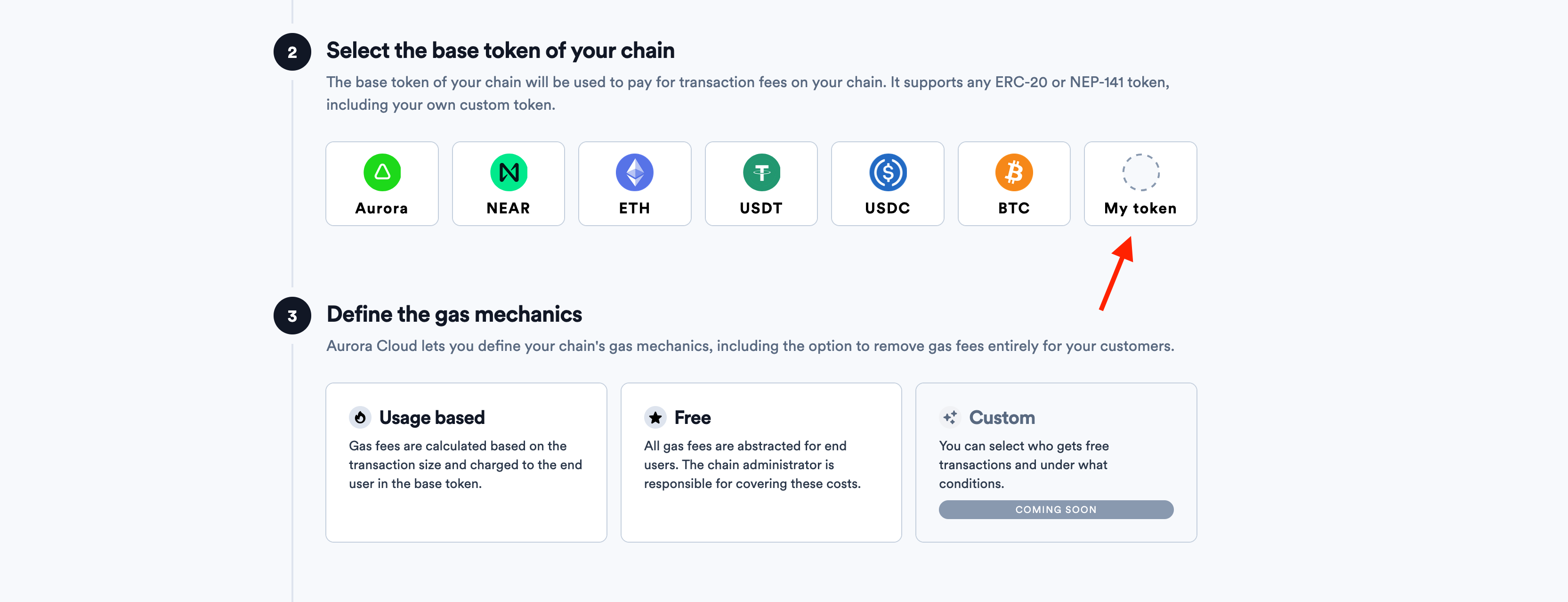 base token selection dropdown in aurora cloud