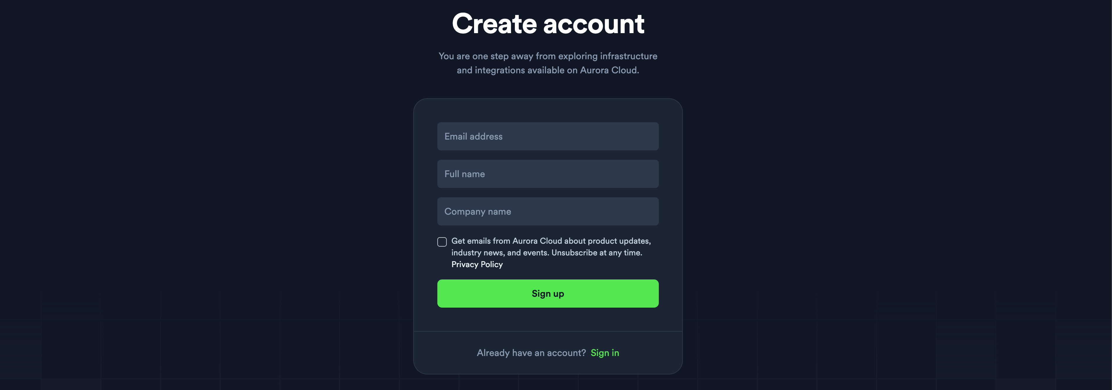 create account form on aurora cloud
