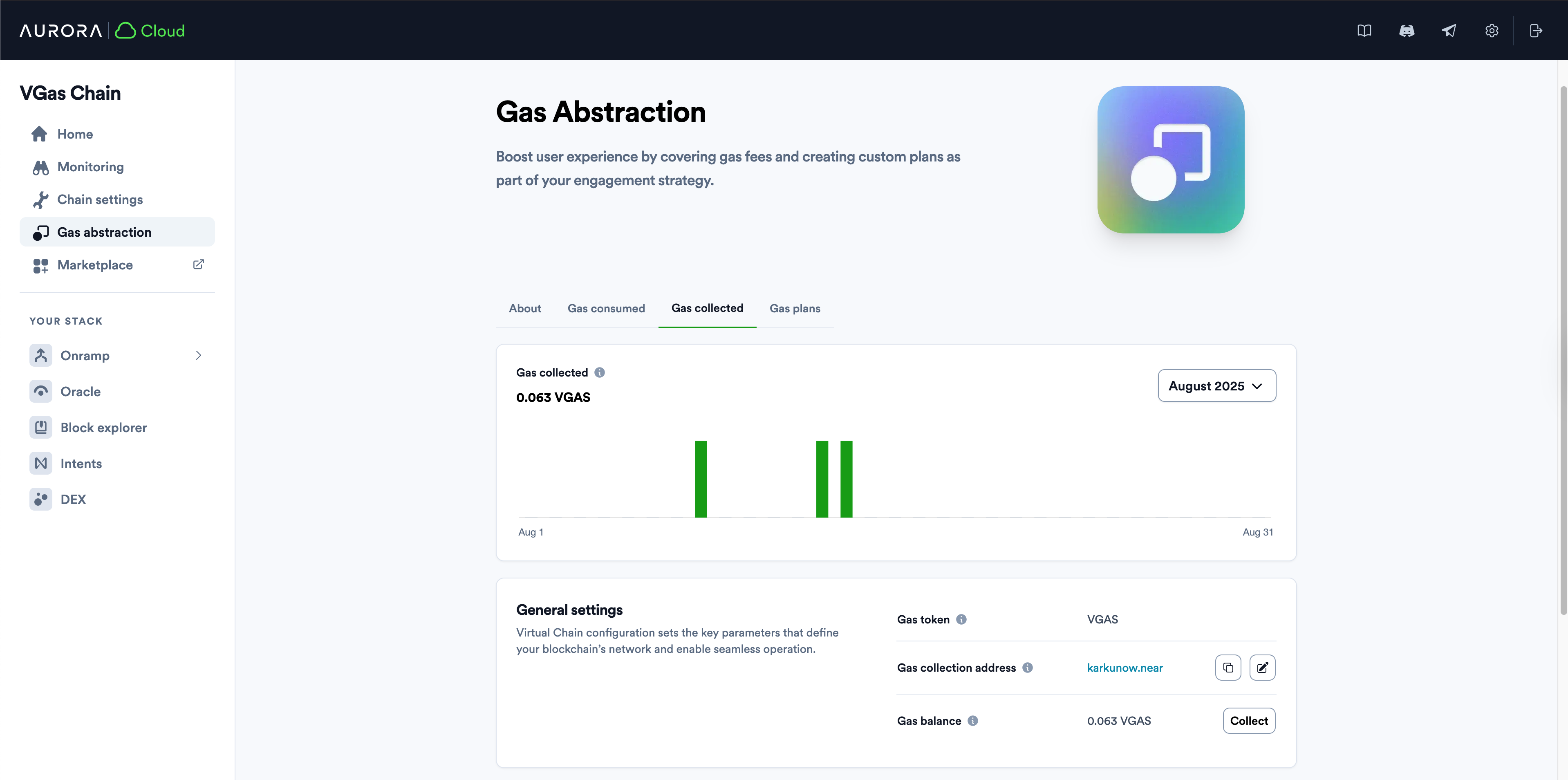 gas collected tab in aurora cloud