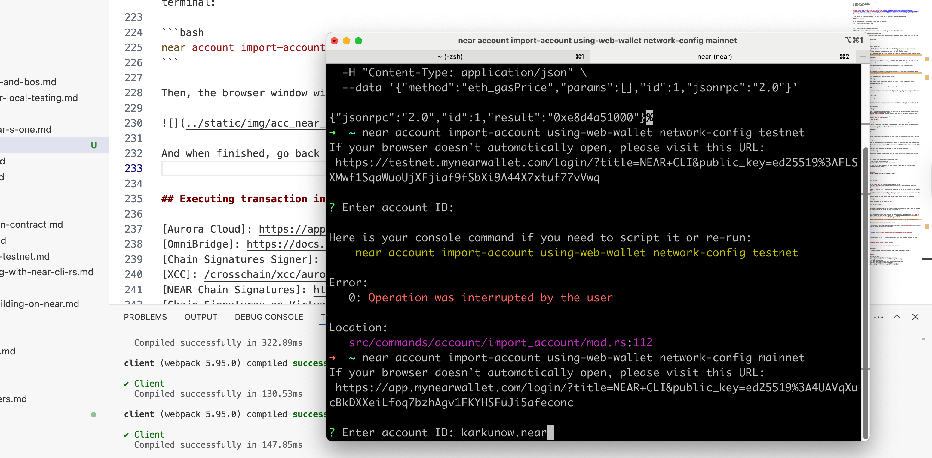near wallet account import confirmation in terminal