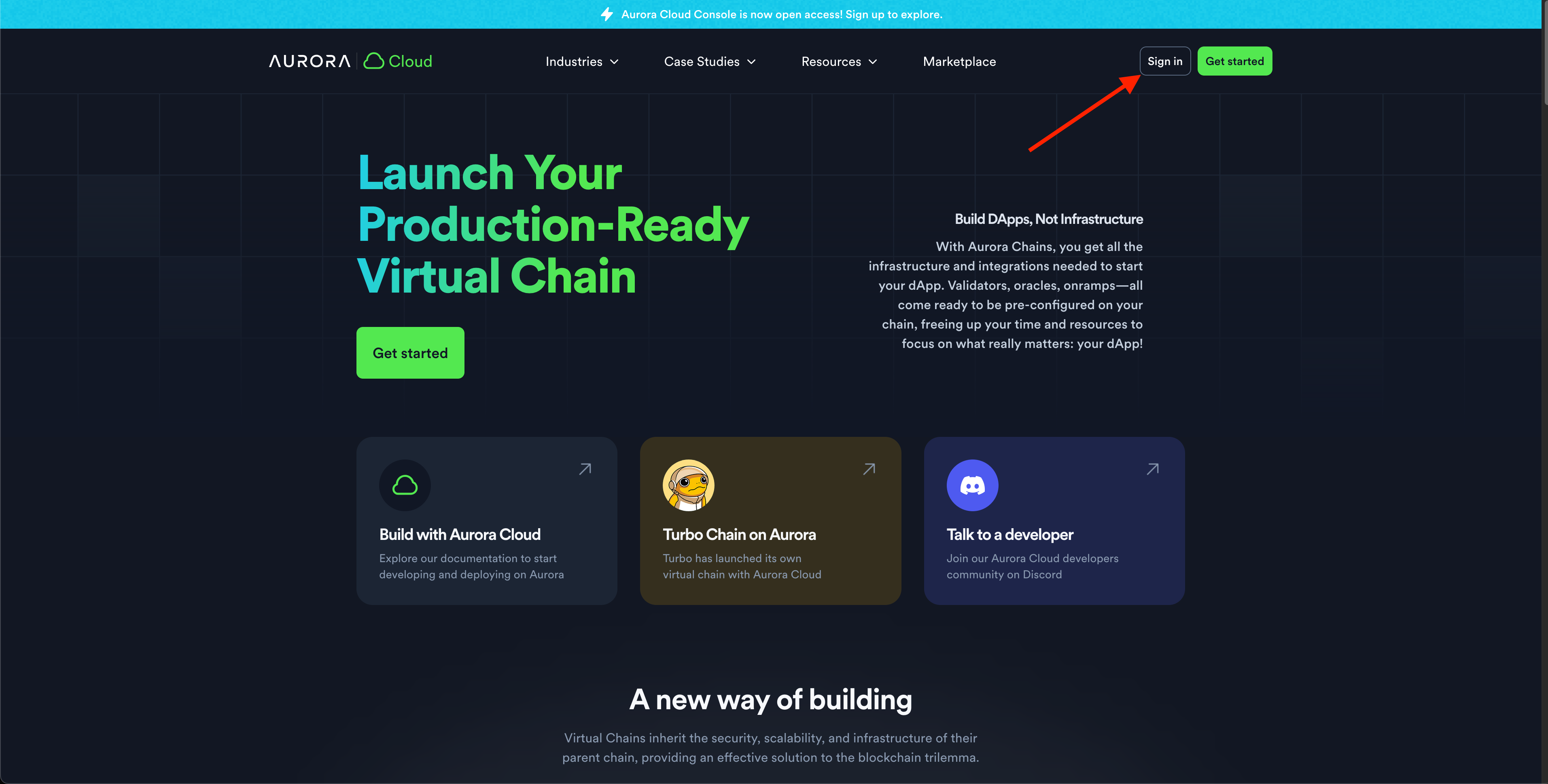 sign in button on aurora cloud website