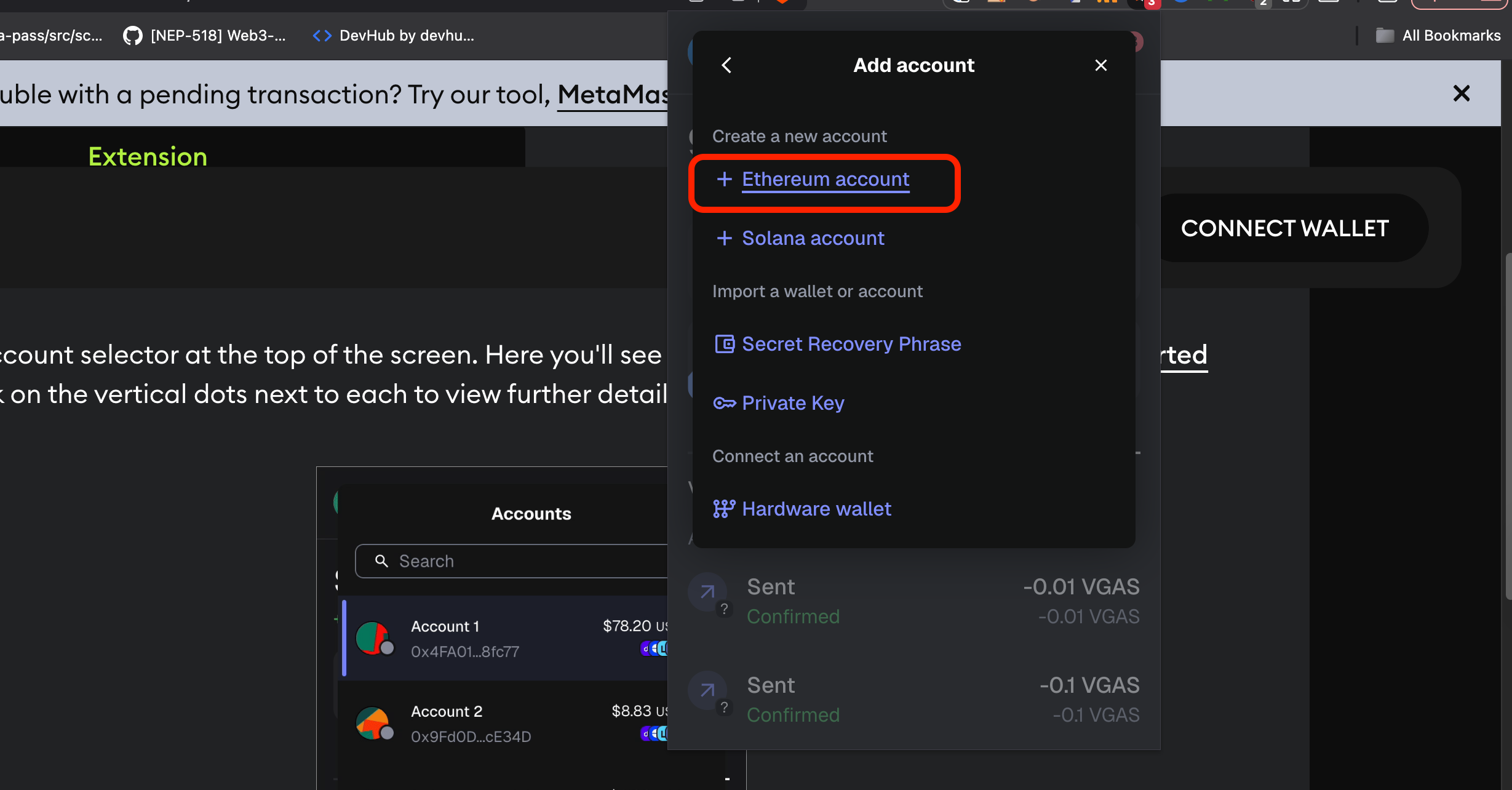 ethereum account type selection in MetaMask
