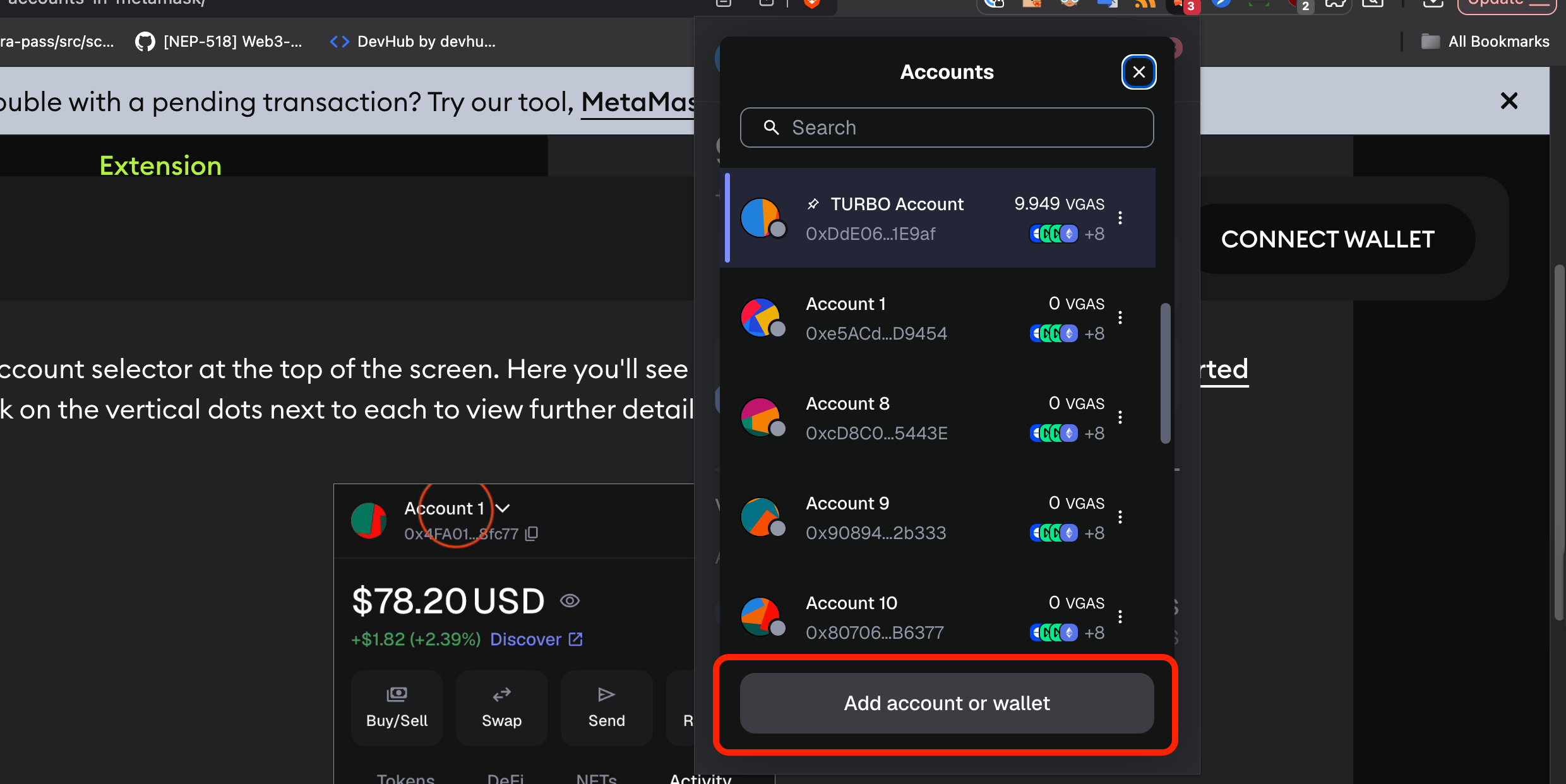 add account or wallet button in MetaMask