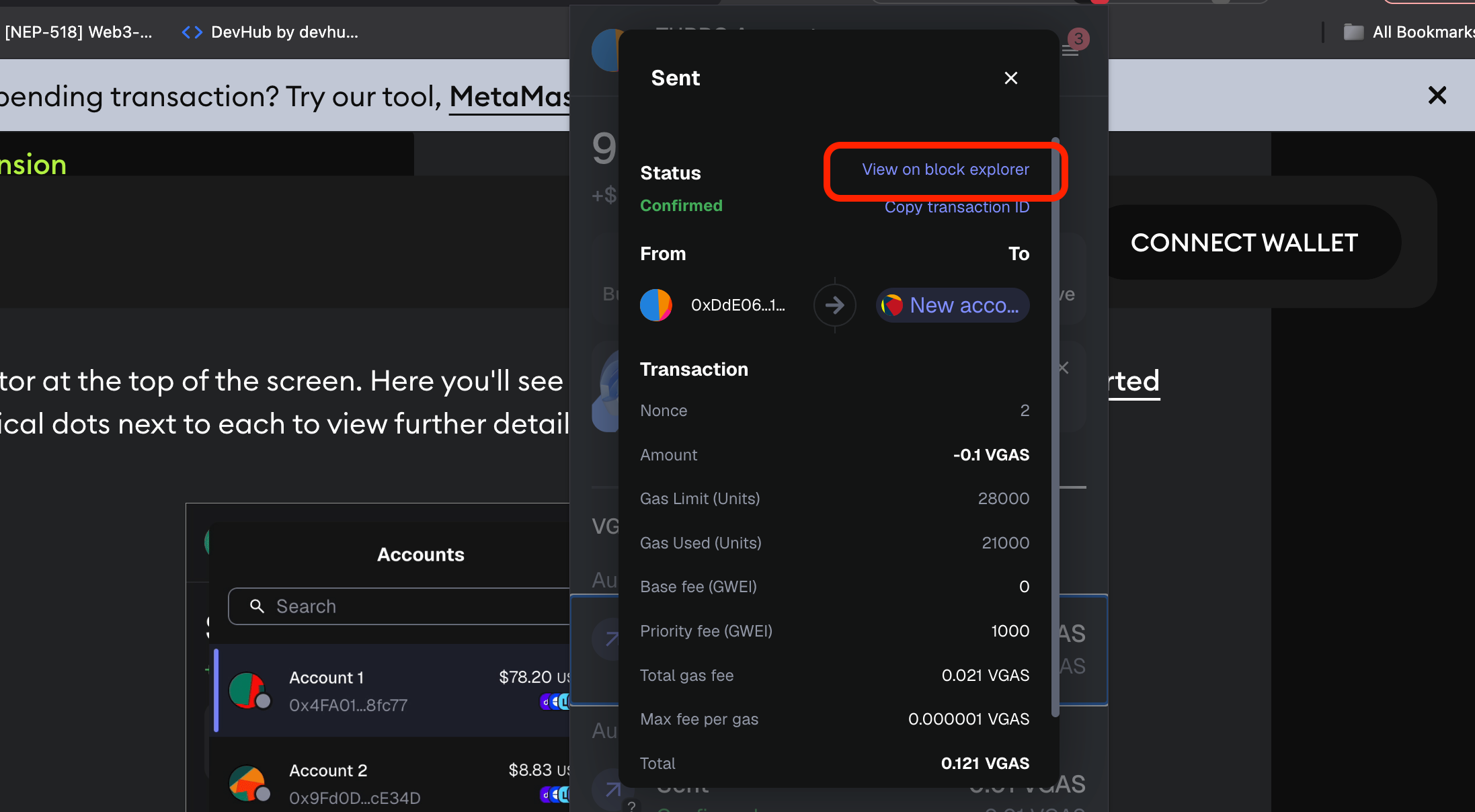 view on block explorer button in MetaMask