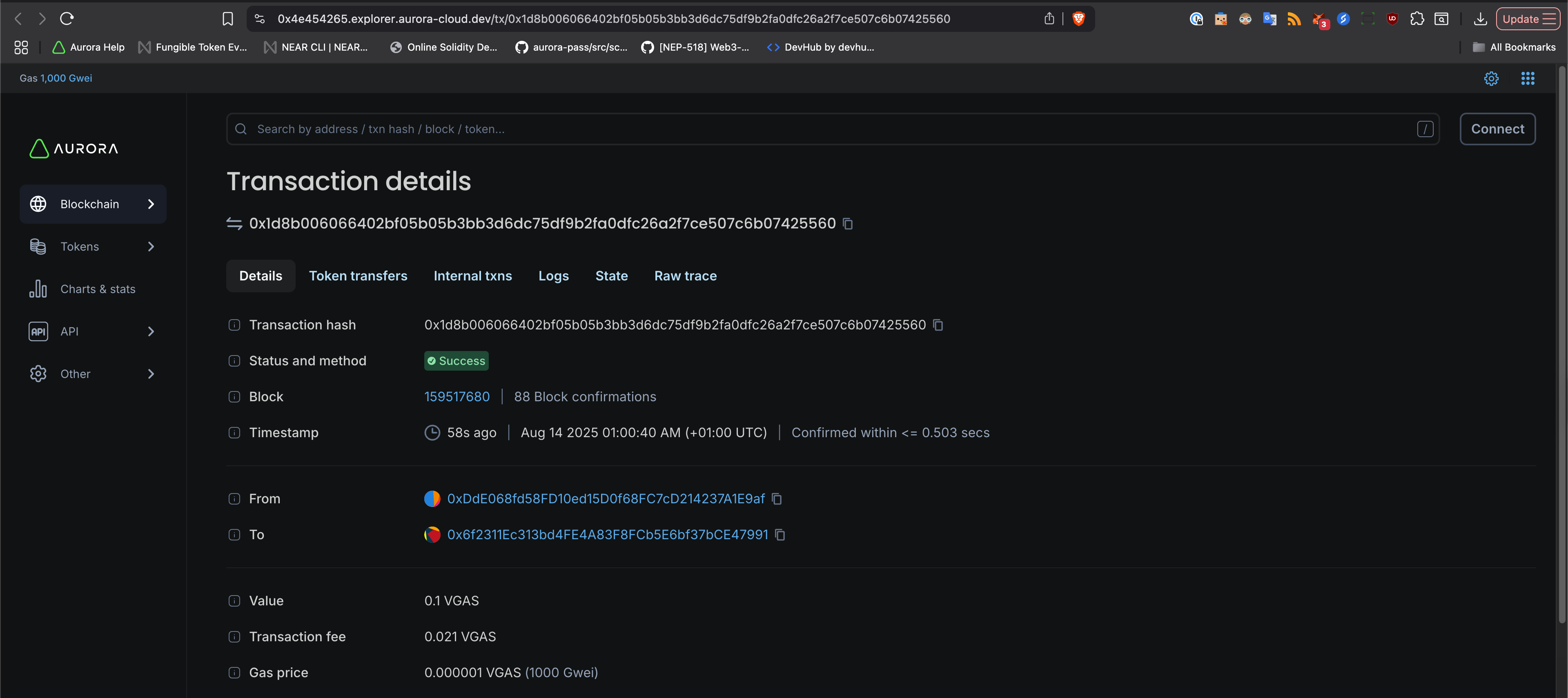 transaction details on aurora cloud block explorer