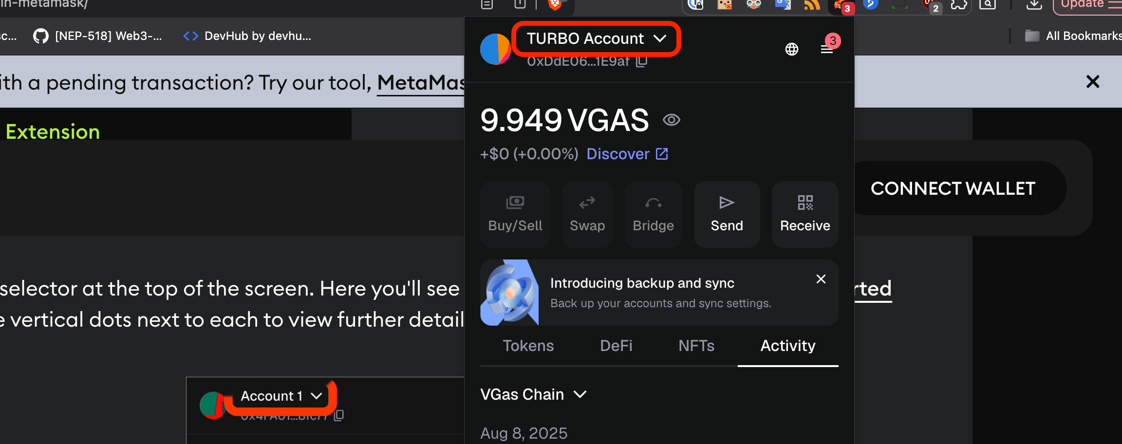 MetaMask main view showing account name