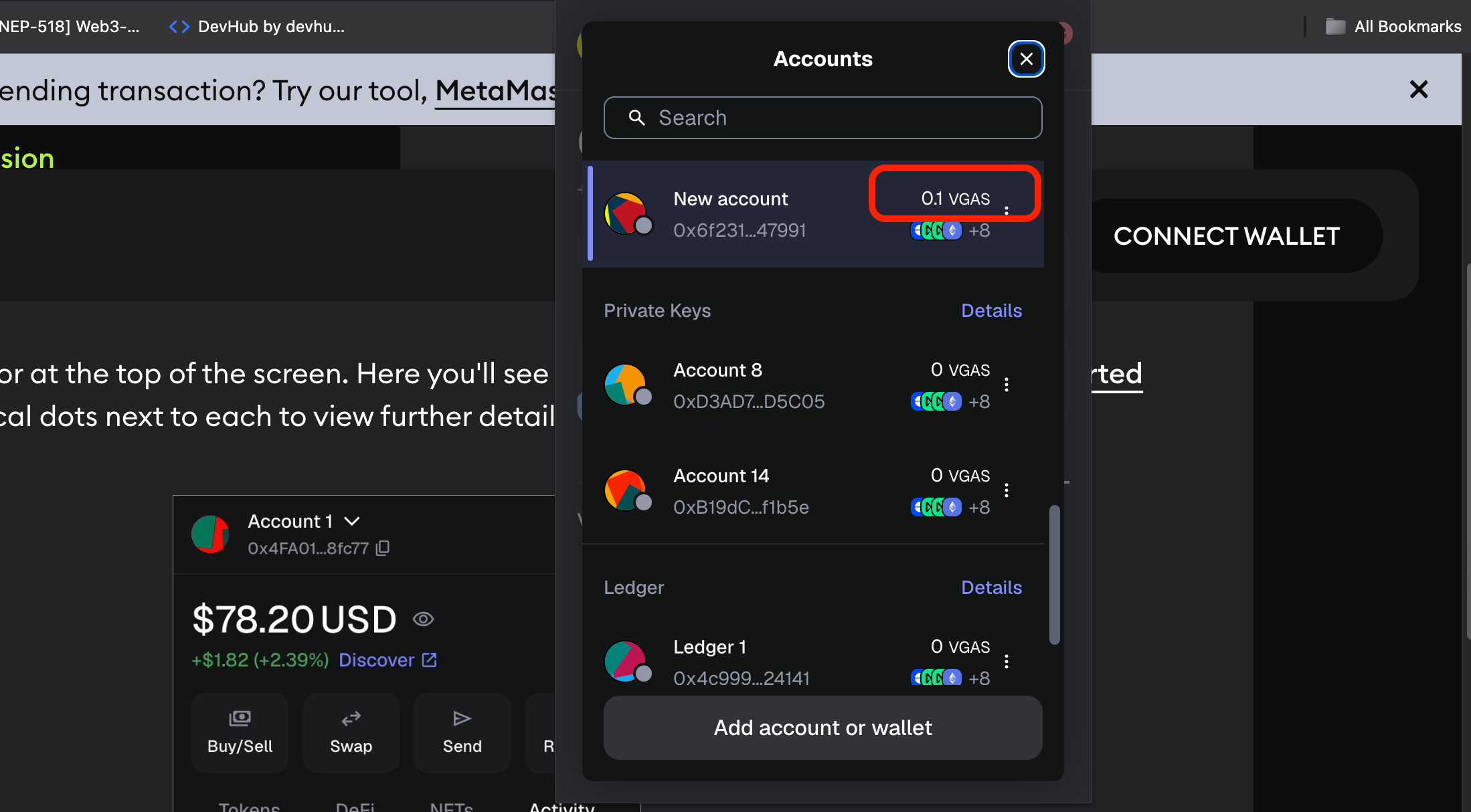 updated balance on new MetaMask account after transfer