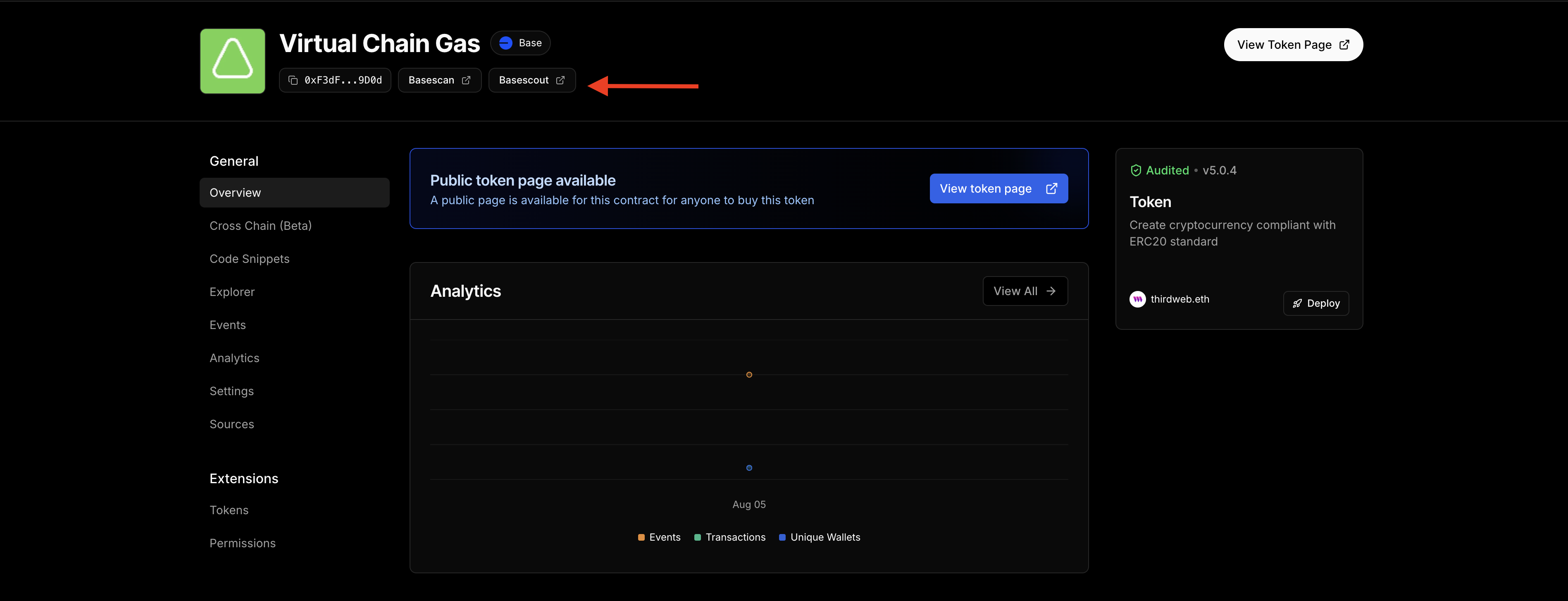 basescout button on token dashboard