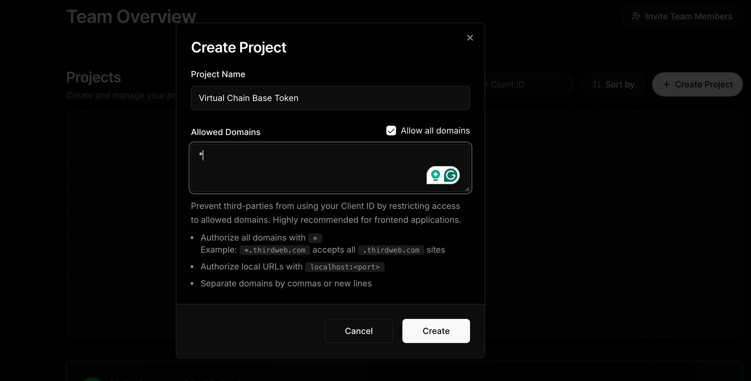 thirdweb create project popup