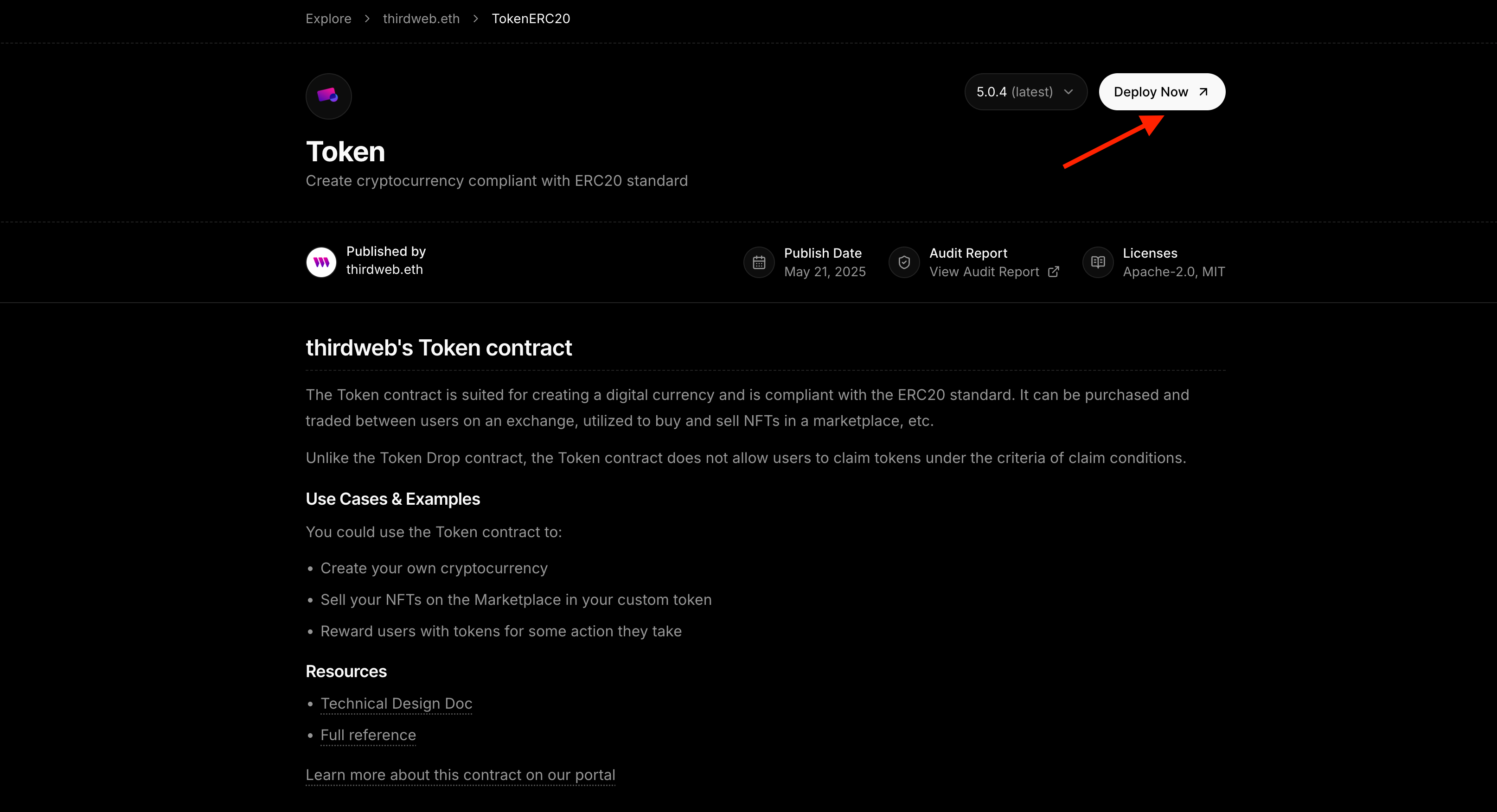 thirdweb token contract page